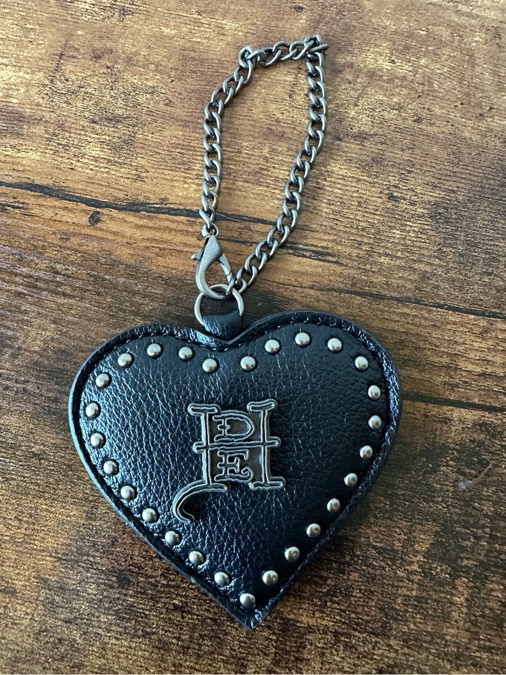 Ed Hardy Heart Black Studded Faux Leather Bag Charm Keychain w/ Chain Strap NWOT